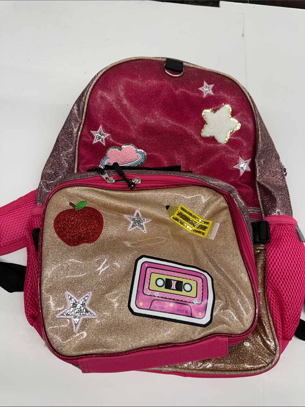NEW Kids Pink Glitter Backpack with Lunchbox  with Patches Locker Club
